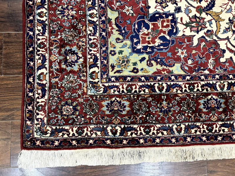 Wonderful Persian Isfahan Rug 7x9, Ivory Navy Blue Red, Floral Medallion, Very Finely Hand Knotted 260 KPSI, Handmade Wool Vintage Rug by Jewel Rugs