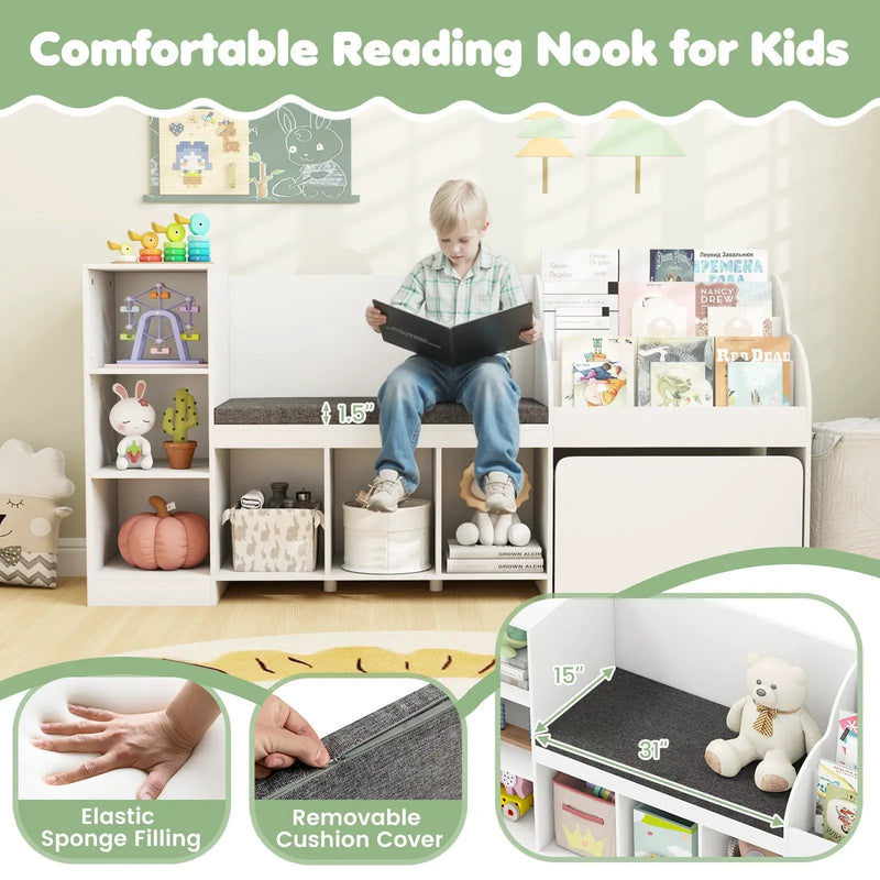 Kids Bookcase with Reading Nook 4-in-1 Standing Toy Organizer-White by DirectDeals