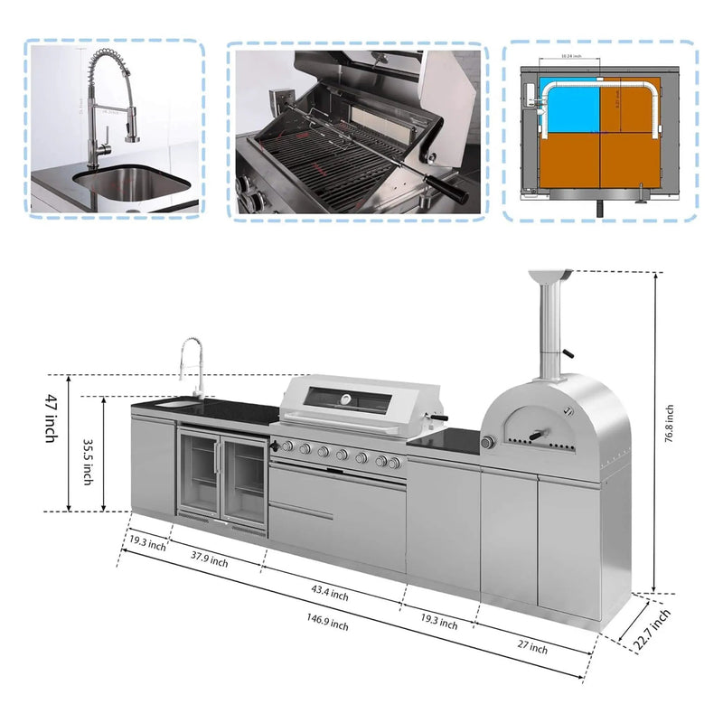 Blazon 147-Inch 6-Burner 120K BTU Outdoor Kitchen Island With Pizza Oven, Rotisserie & Refrigerator (SAK96429) by SAKSBY WHOLESALE