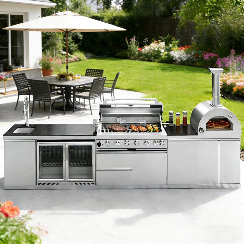 Blazon 147-Inch 6-Burner 120K BTU Outdoor Kitchen Island With Pizza Oven, Rotisserie & Refrigerator (SAK96429) by SAKSBY WHOLESALE
