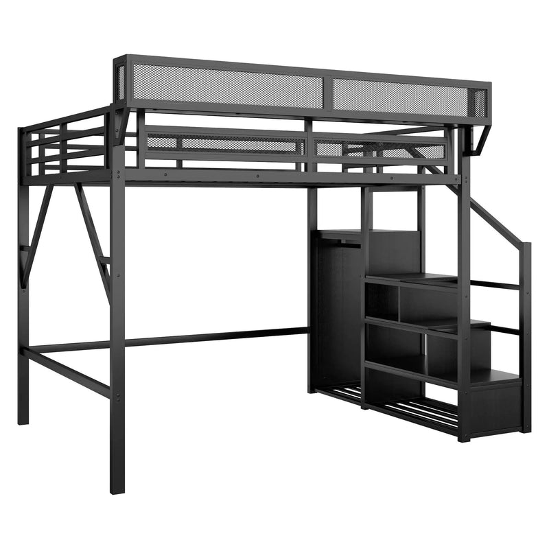 Queen Size Loft Bed With Stairs, Storage Shelves, Wardrobe - Black by HouseOfZazla