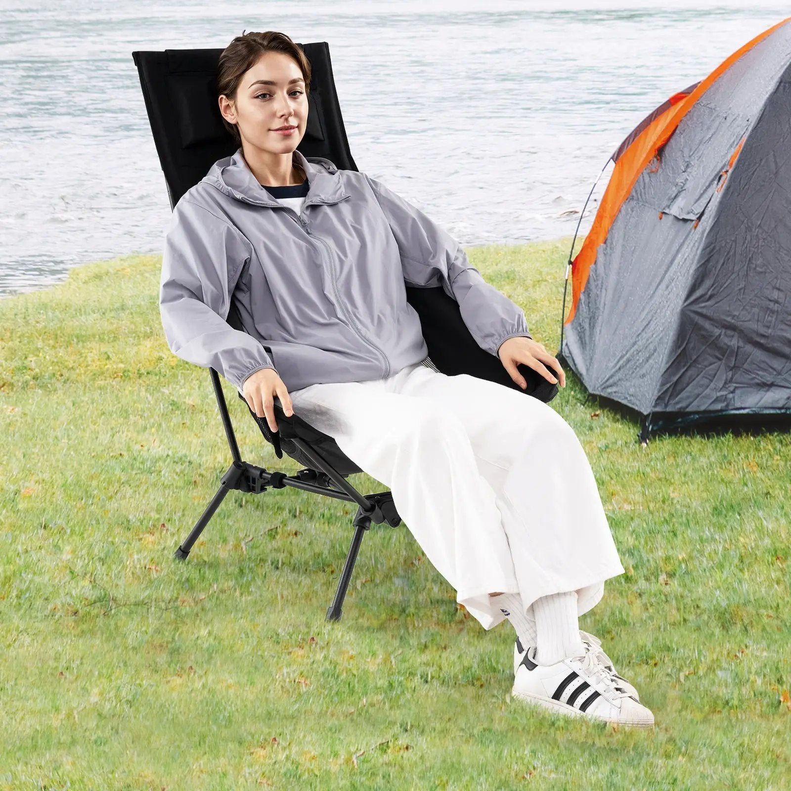 High Back Portable Camping Chair with Compact Carry Bag and Pillow-Black by DirectDeals