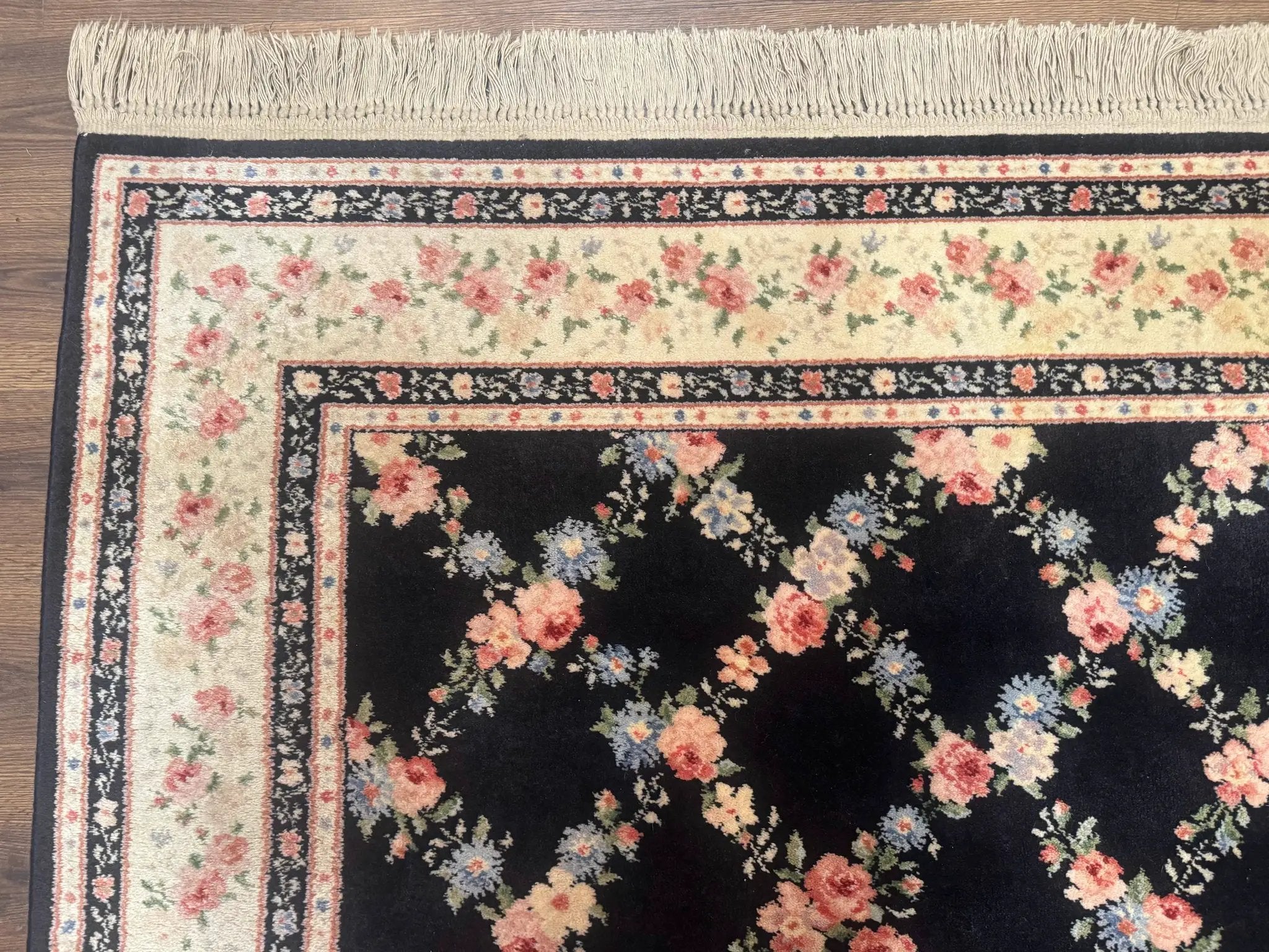 8.8 x 12 Karastan Garden of Eden Rug, Ebony Trellis #509/1270, Black, Floral, Wool Pile, Vintage, Discontinued by Jewel Rugs