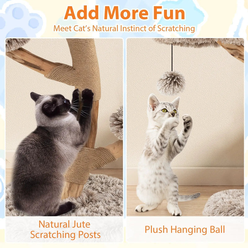 Cat Tree Solid Pear Wood with Perch and Natural Jute Scratching Posts-Brown by DirectDeals