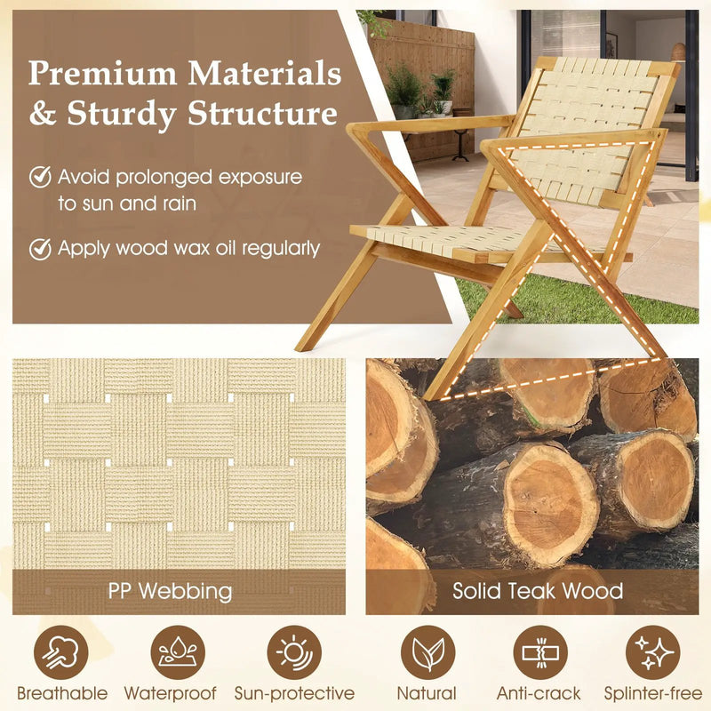 Outdoor and Indoor Teak Wood Patio Chair wuth Webbing Seat and Backrest-Natural by DirectDeals