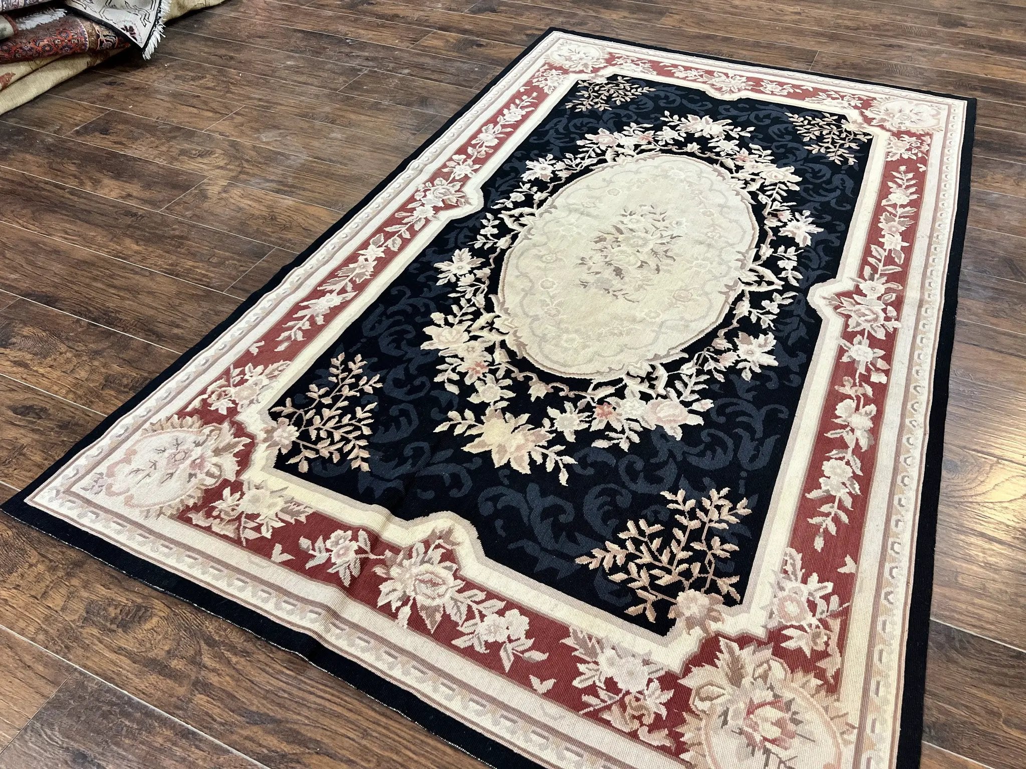 Needlepoint Rug 5x8, Wool Handmade Vintage European Design Carpet, Black & Maroon, French Aubusson Pattern Flatweave Rug by Jewel Rugs