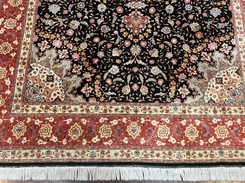 Marvelous Persian Tabriz Rug 7x10 ft, Super Fine 50 Raj, 300+ KPSI, Black and Rust Red, Floral Medallion Handmade Wool Oriental Carpet, Top Quality by Jewel Rugs