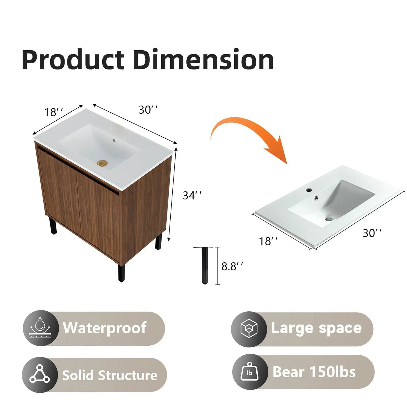 Bathroom Vanity With Ceramic Sink, Floor-Standing Design, Soft-Closing Drawers by HouseOfZazla