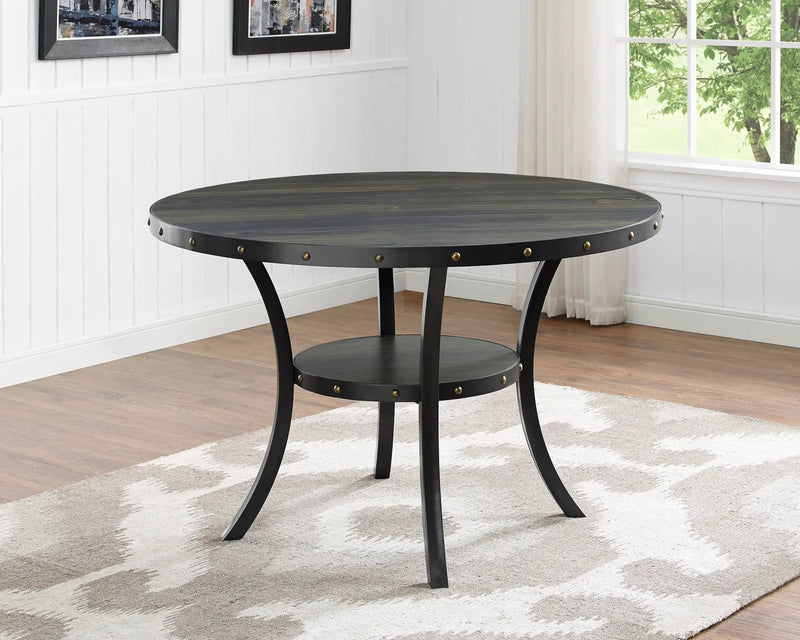 Biony Espresso Wood Dining Set with Gray Fabric Nailhead Chairs by HouseOfZazla