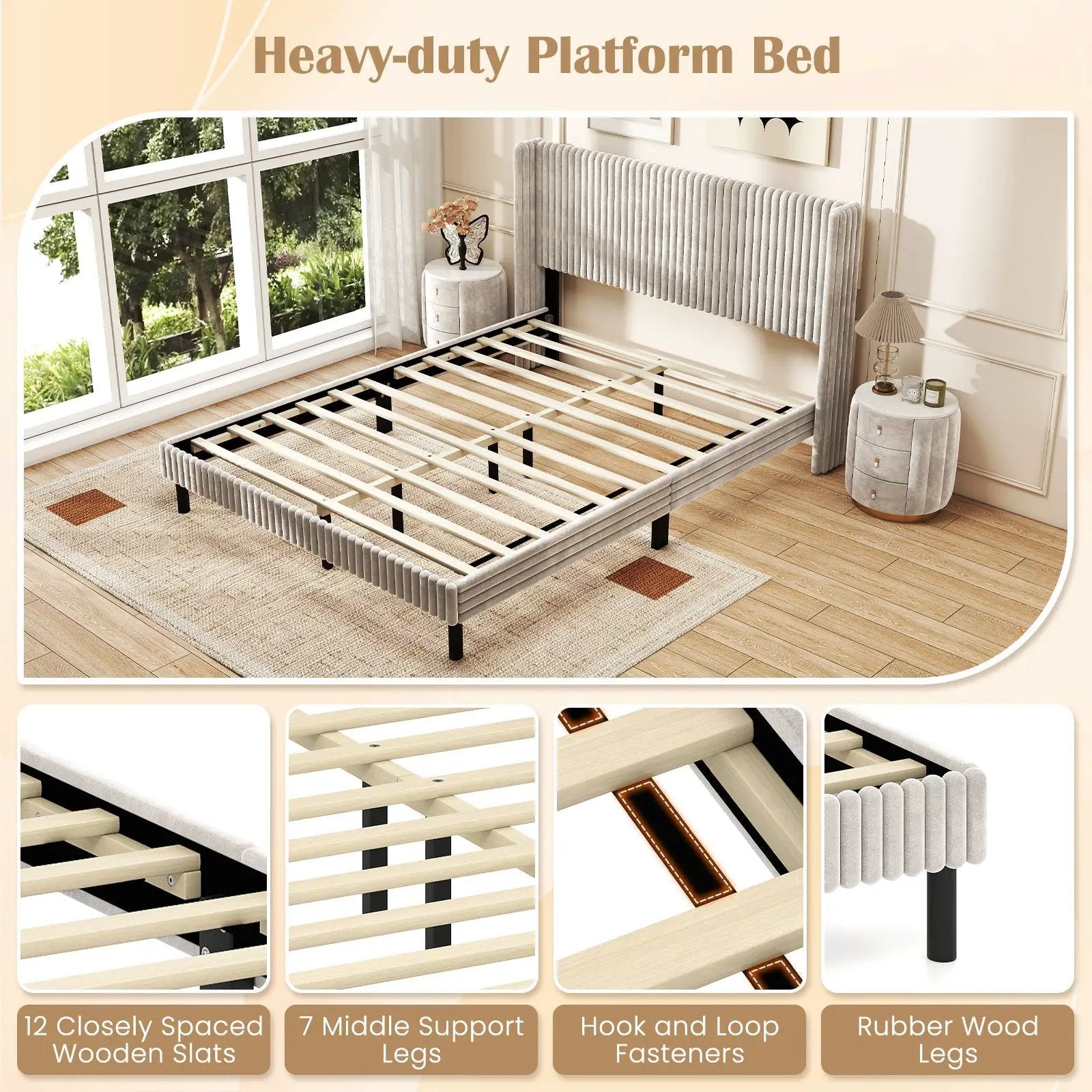 Queen Size Velvet Bed Frame with Vertical Channel Tufted Wingback Headboard-White by DirectDeals