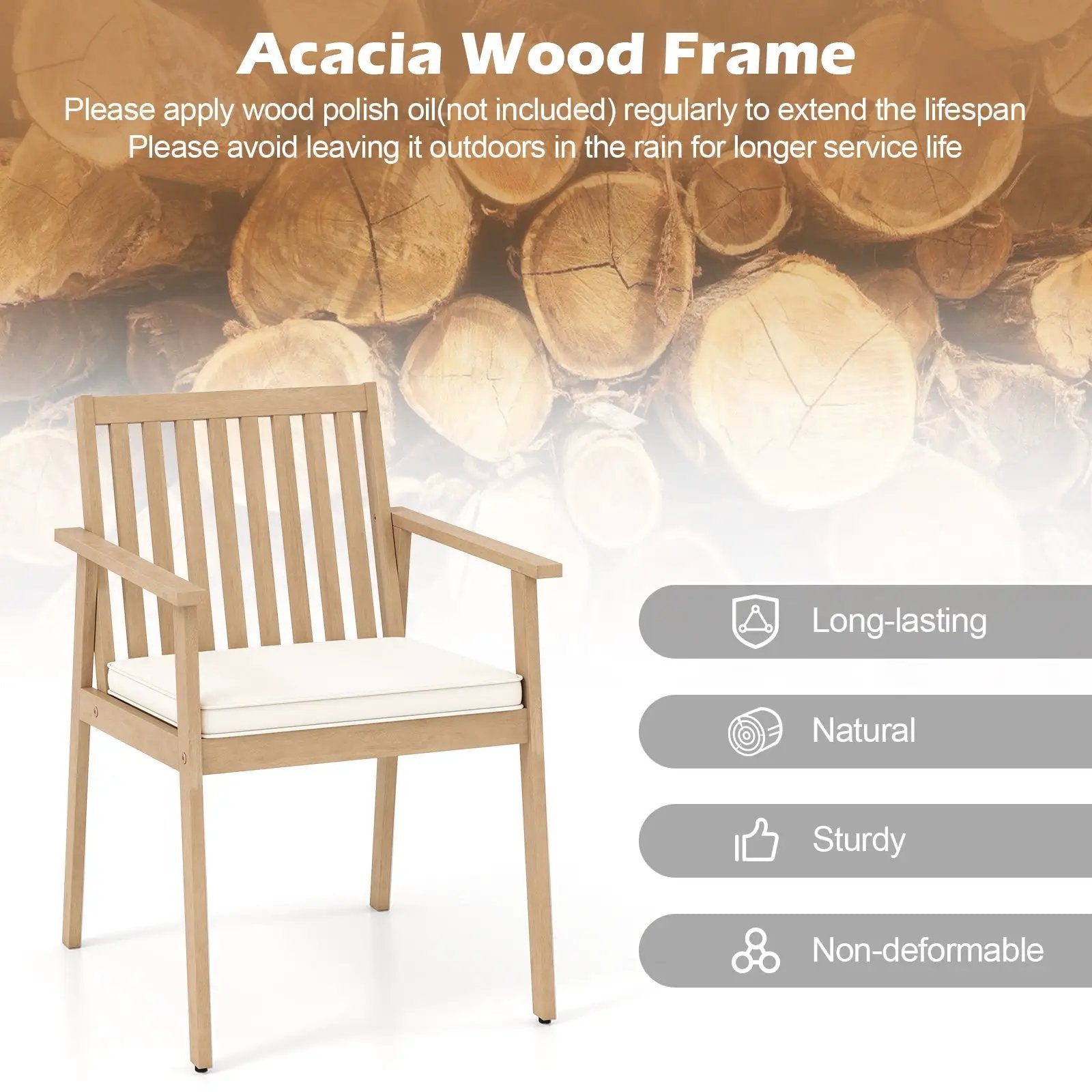 2 Pieces Patio Dining Chairs Outdoor Acacia Wood Chairs with Removable Padded Cushion by DirectDeals