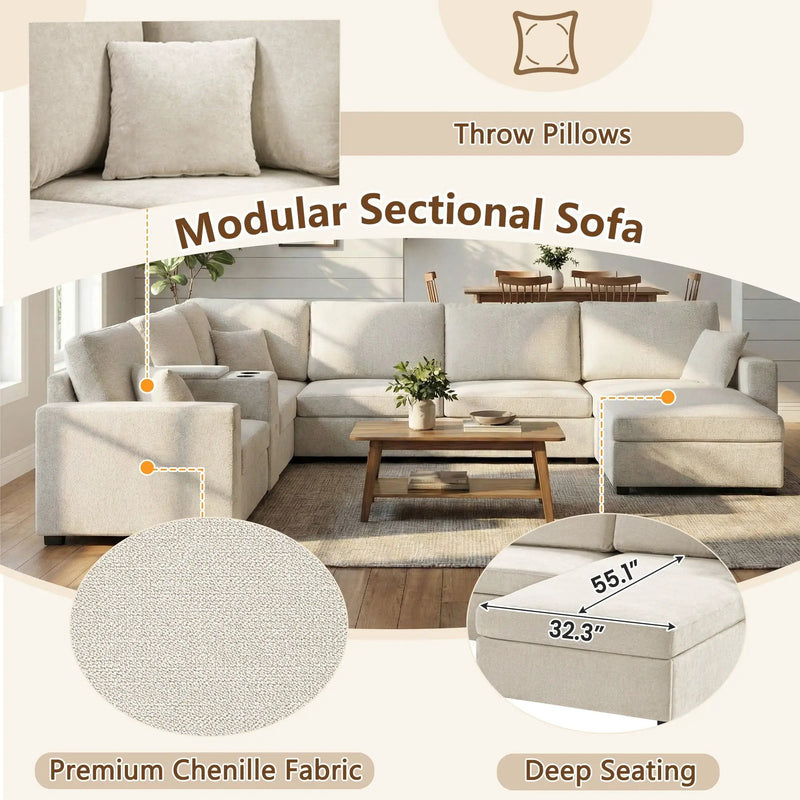 Modular 5 Seat U-Shape Sectional Sofa With Chaise Lounge, Built In Cup Holders And Storage Drawer by Unique Piece Furniture