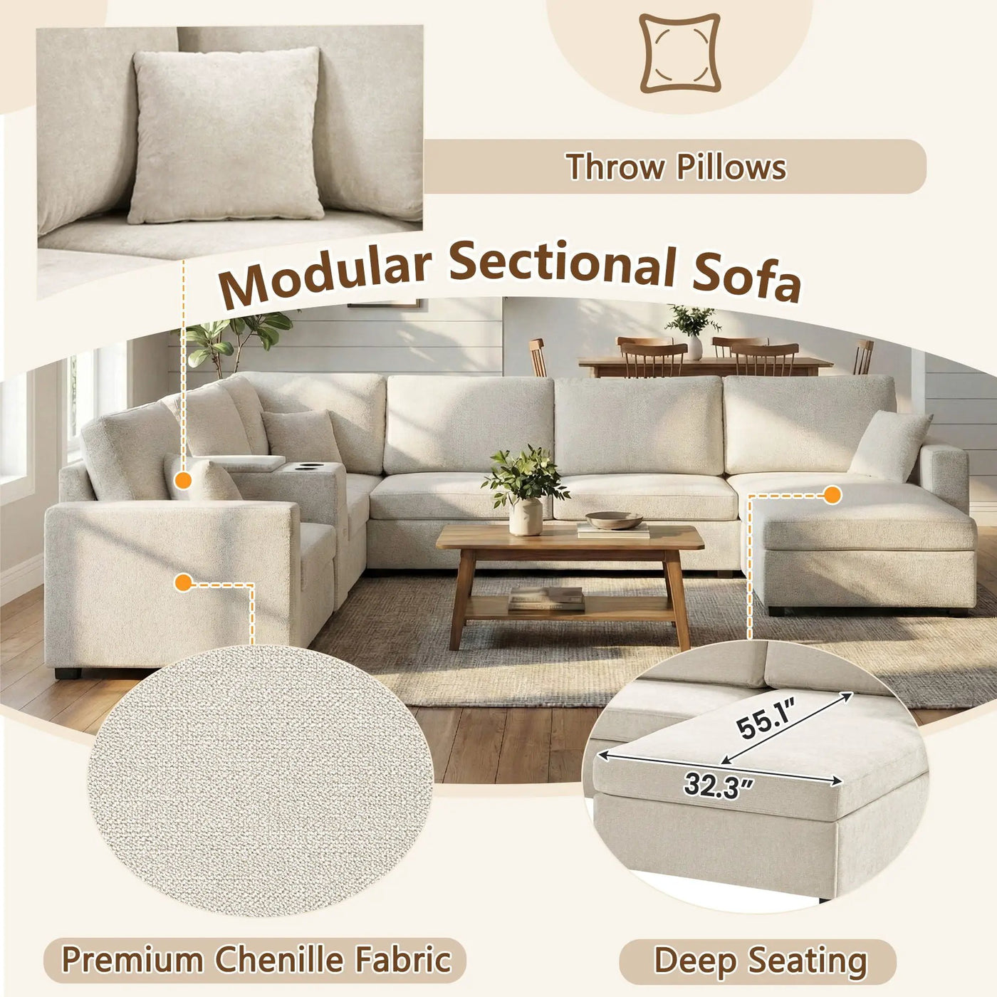 Modular 5 Seat U-Shape Sectional Sofa With Chaise Lounge, Built In Cup Holders And Storage Drawer by HouseOfZazla