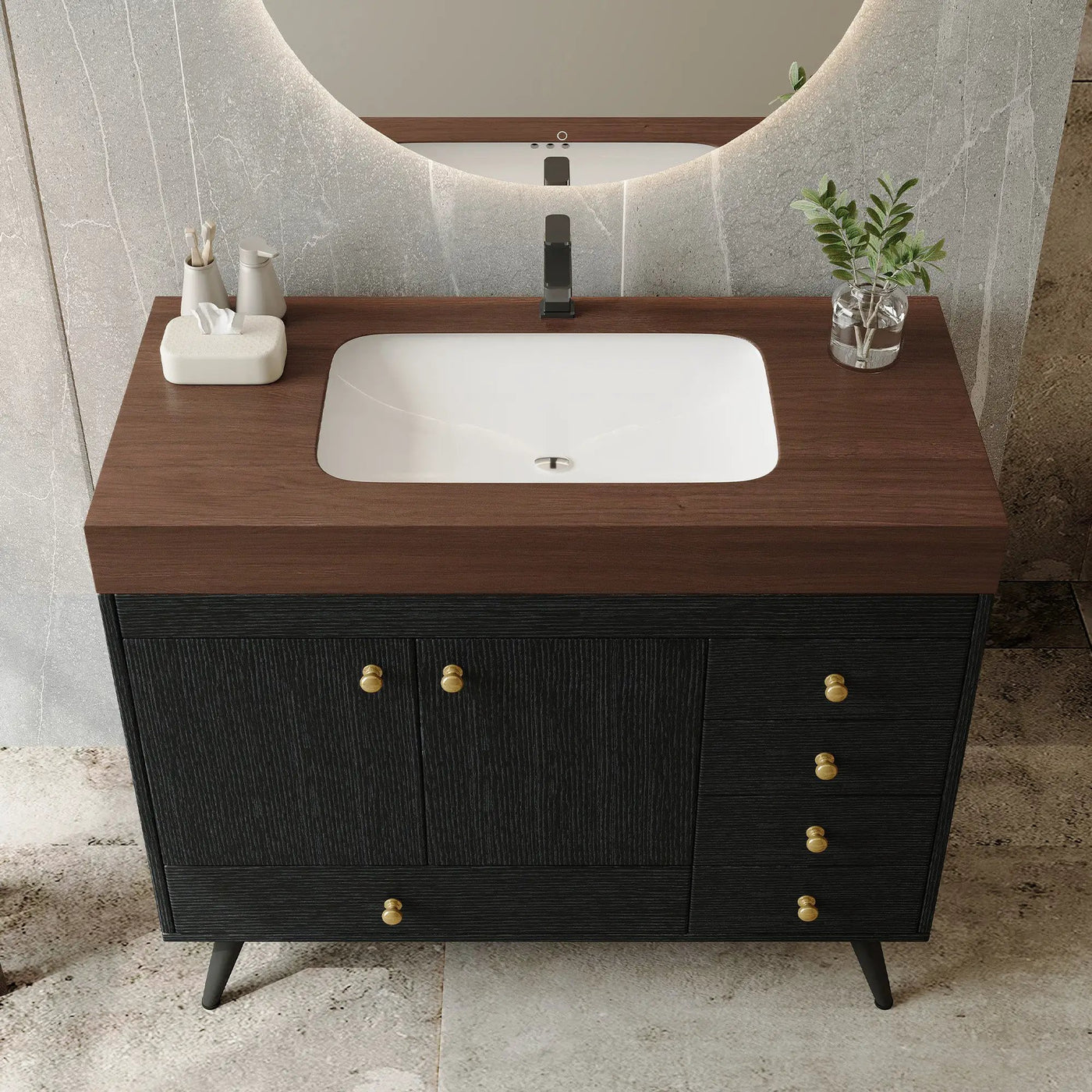 36" Freestanding Bathroom Vanity with Faux Marble Top, Ceramic Sink, 5 Drawers & Stainless Steel Legs by HouseOfZazla