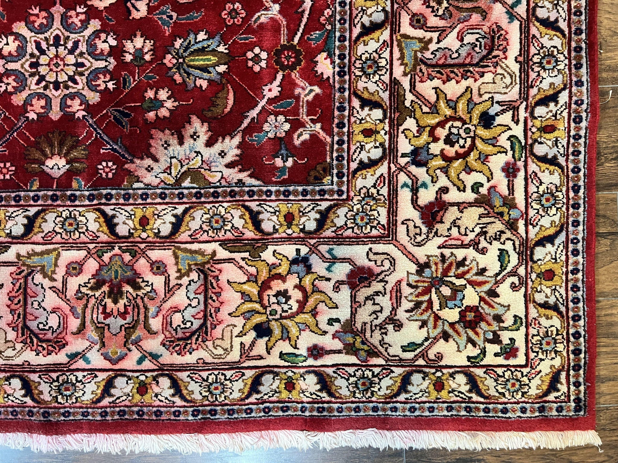 Persian Tabriz Rug 10x12, Floral Allover, Handmade Vintage Wool Carpet, Red and Cream by Jewel Rugs