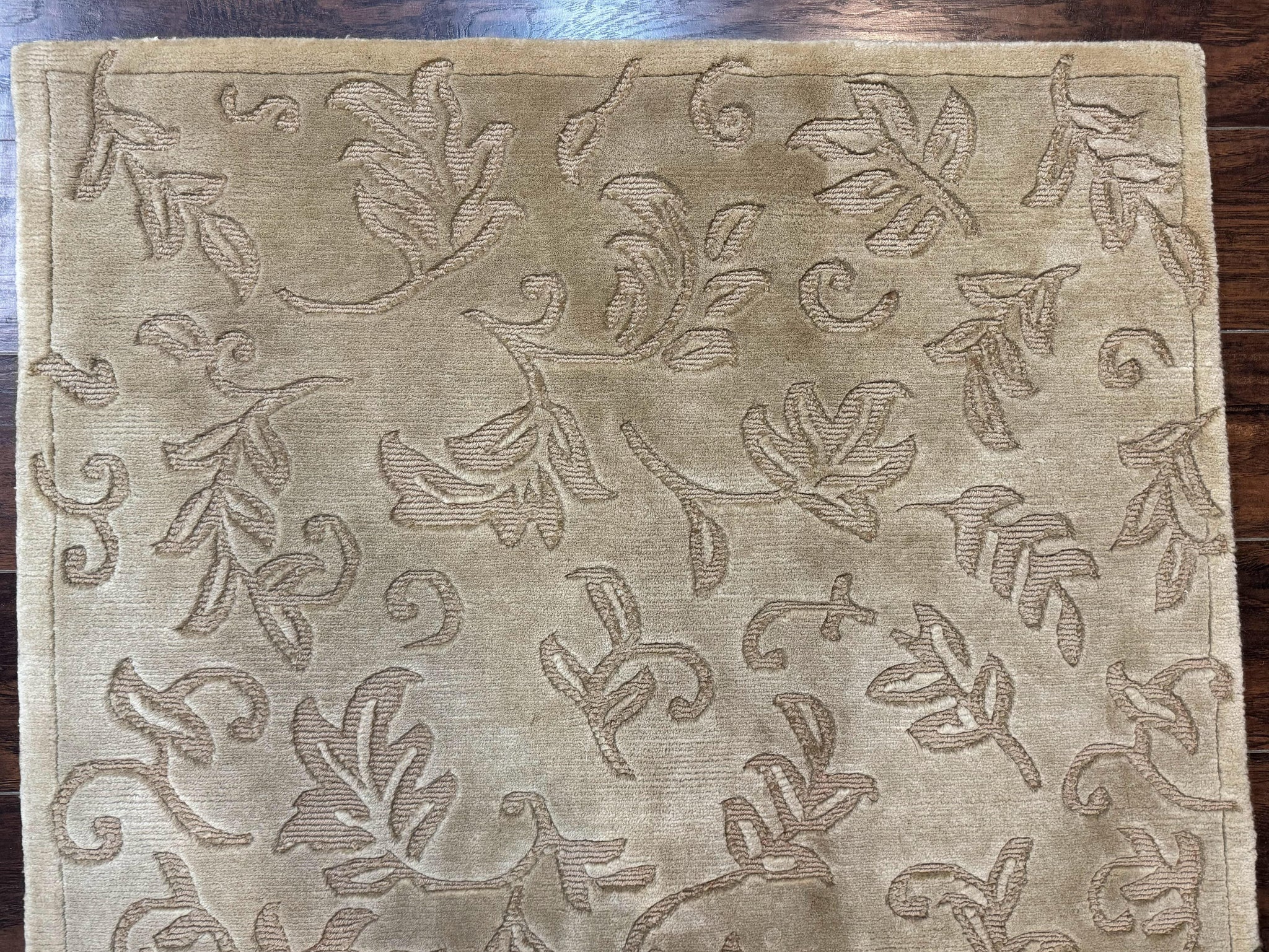 Modern Tibetan Rug 3.7 x 5.5, Carved Floral Design, Wool and Silk Highlights by Jewel Rugs