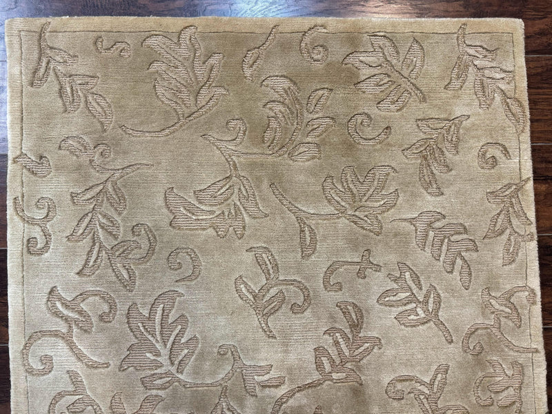 Modern Tibetan Rug 3.7 x 5.5, Carved Floral Design, Wool and Silk Highlights by Jewel Rugs