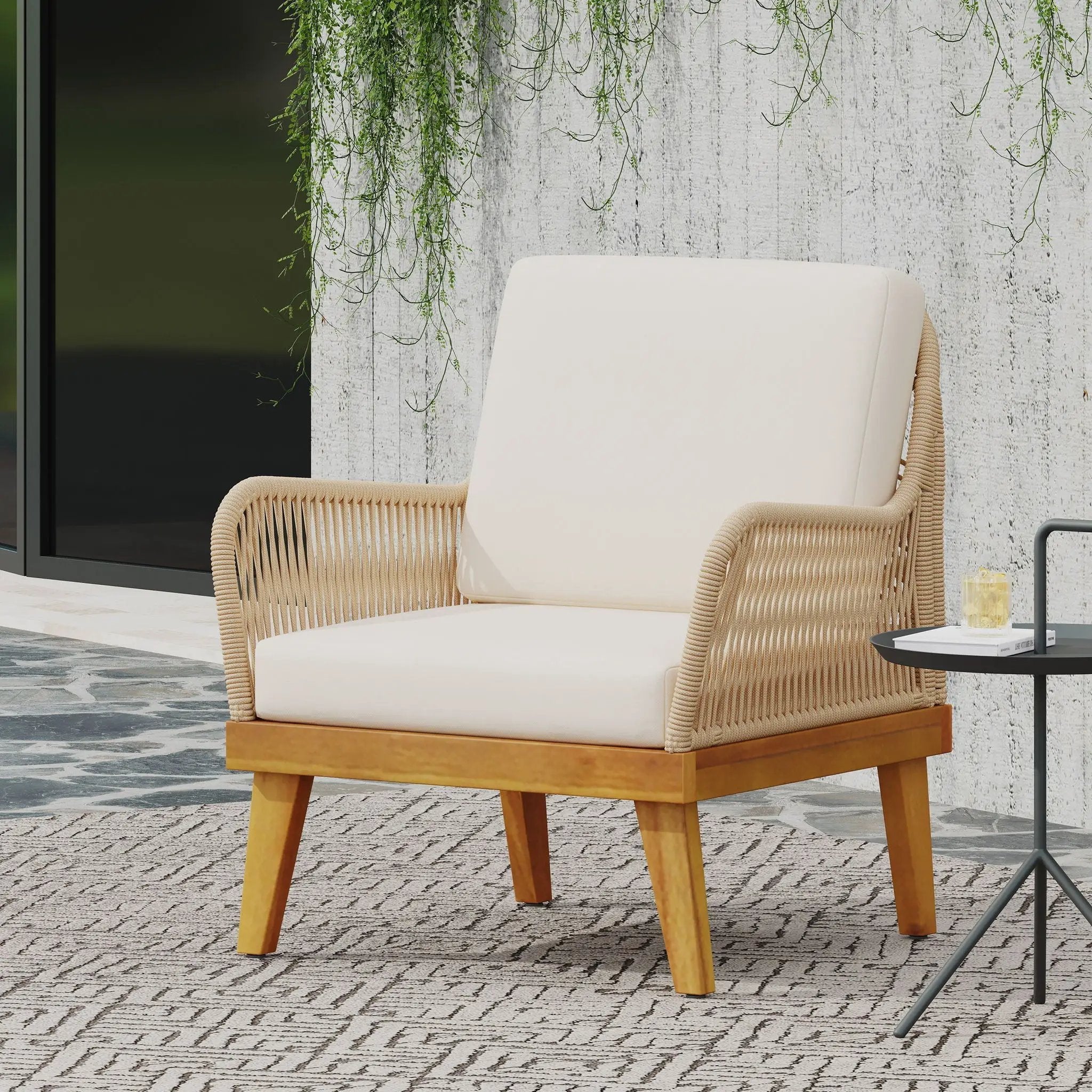 Outdoor Club Chair With Rope Weave Design - Teak by HouseOfZazla