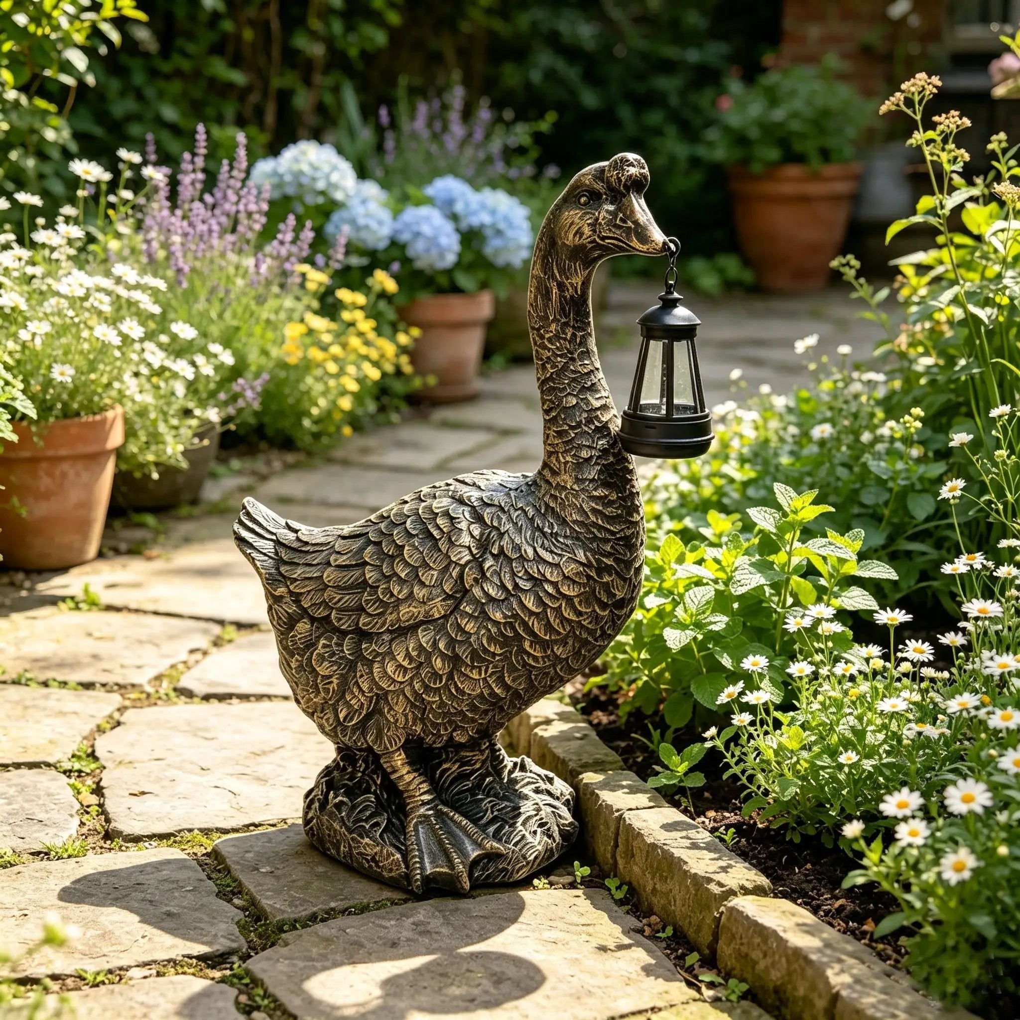 21'' Antique Bronze Goose Statue With Solar Lantern by HouseOfZazla