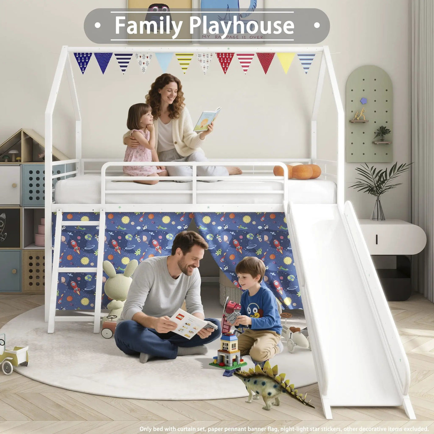 Jack - House Loft Bed With Slide And Curtain Set by HouseOfZazla