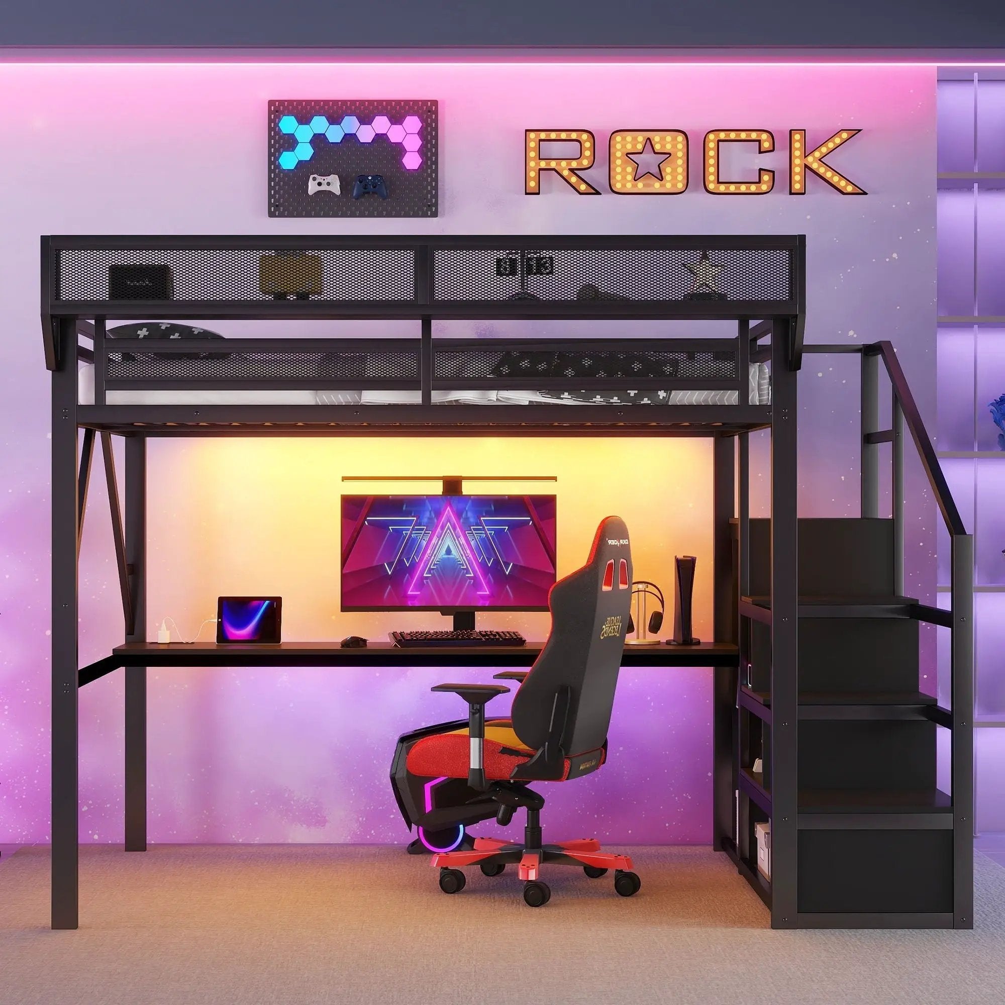 Loft Bed With Desk And Charging Station With Stairs And Light by Unique Piece Furniture