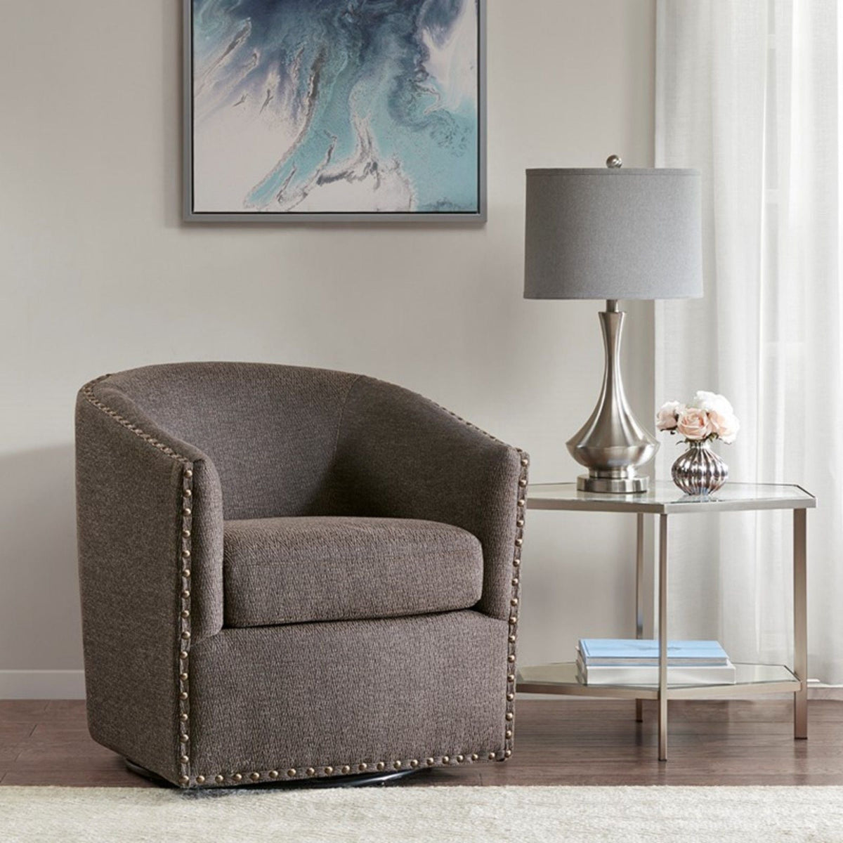 Luxurious Swivel Chair with 360 Degree Rotation and Nailhead Trim - Pearl Silver, photo 7 of 40