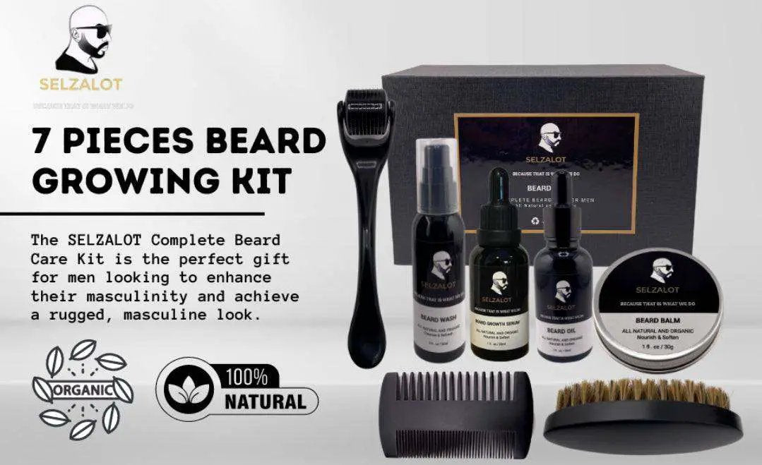SELZALOT Beard Growth Kit Facial Hairs Men's Grooming Set 7 Pieces Beard Products with Oil, Serum, Balm, Shampoo, Comb, Brush and Hand Beard Care Kit for Men Men Self Care by Selzalot