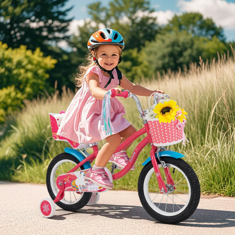 16 Inch Girls Bike for 4-7 Years Old Kids Bike with Doll Seat and Training Wheels by DirectDeals
