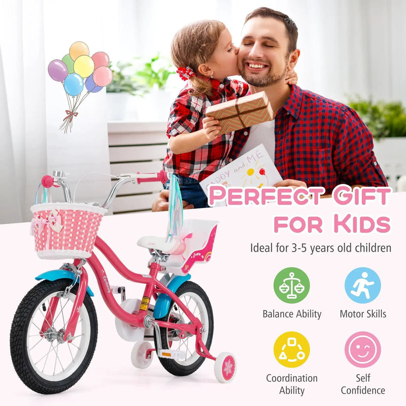 14 Inch Girls Bike with Doll Seat and Training Wheels by DirectDeals