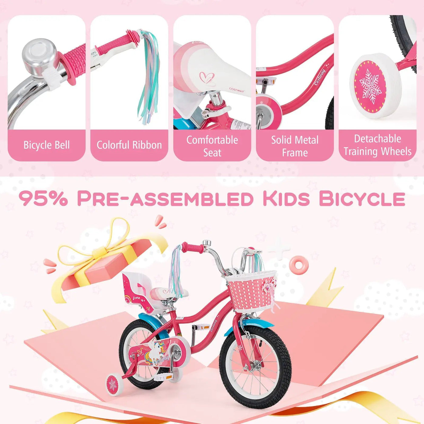 16 Inch Girls Bike for 4-7 Years Old Kids Bike with Doll Seat and Training Wheels by DirectDeals