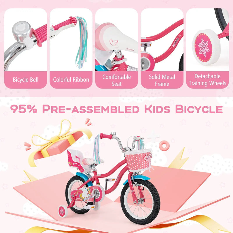 16 Inch Girls Bike for 4-7 Years Old Kids Bike with Doll Seat and Training Wheels by DirectDeals