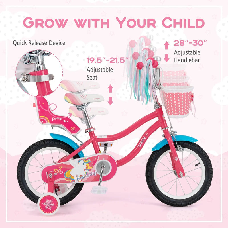 16 Inch Girls Bike for 4-7 Years Old Kids Bike with Doll Seat and Training Wheels by DirectDeals