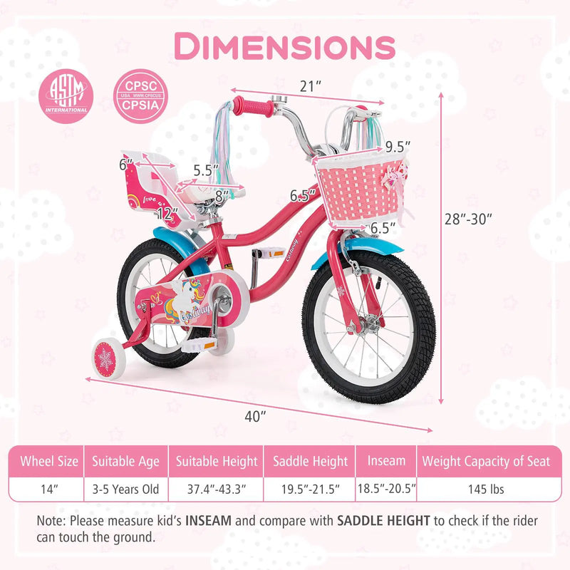 16 Inch Girls Bike for 4-7 Years Old Kids Bike with Doll Seat and Training Wheels by DirectDeals