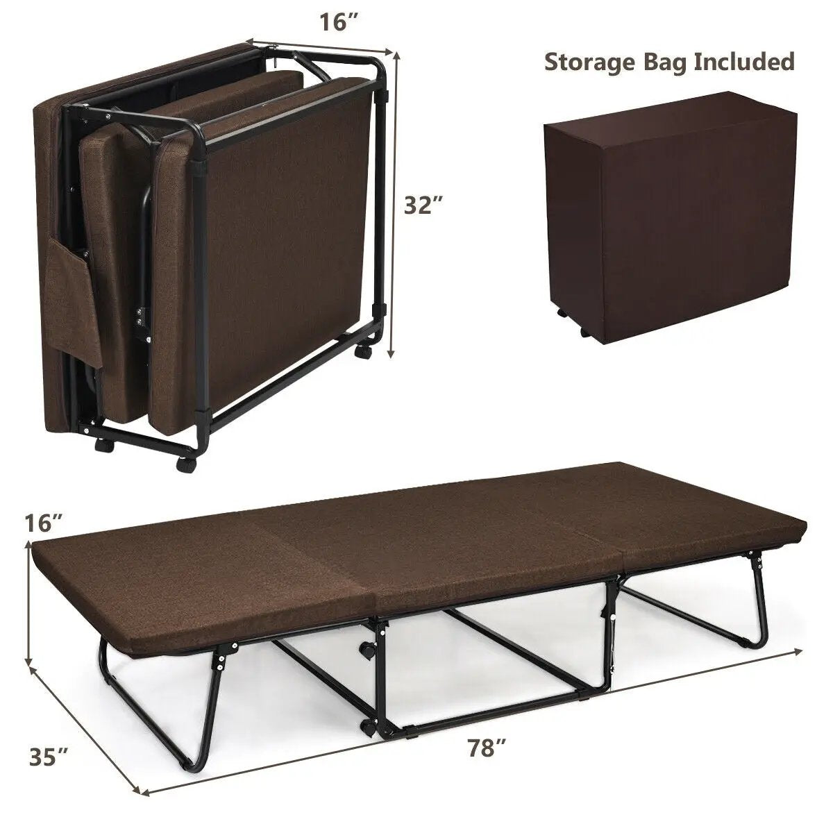 Folding Guest Sleeper Bed w/6 Position Adjustment-Brown by DirectDeals