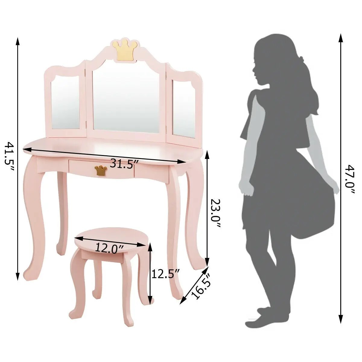 Kids Makeup Dressing Table with Tri-folding Mirror and Stool by DirectDeals