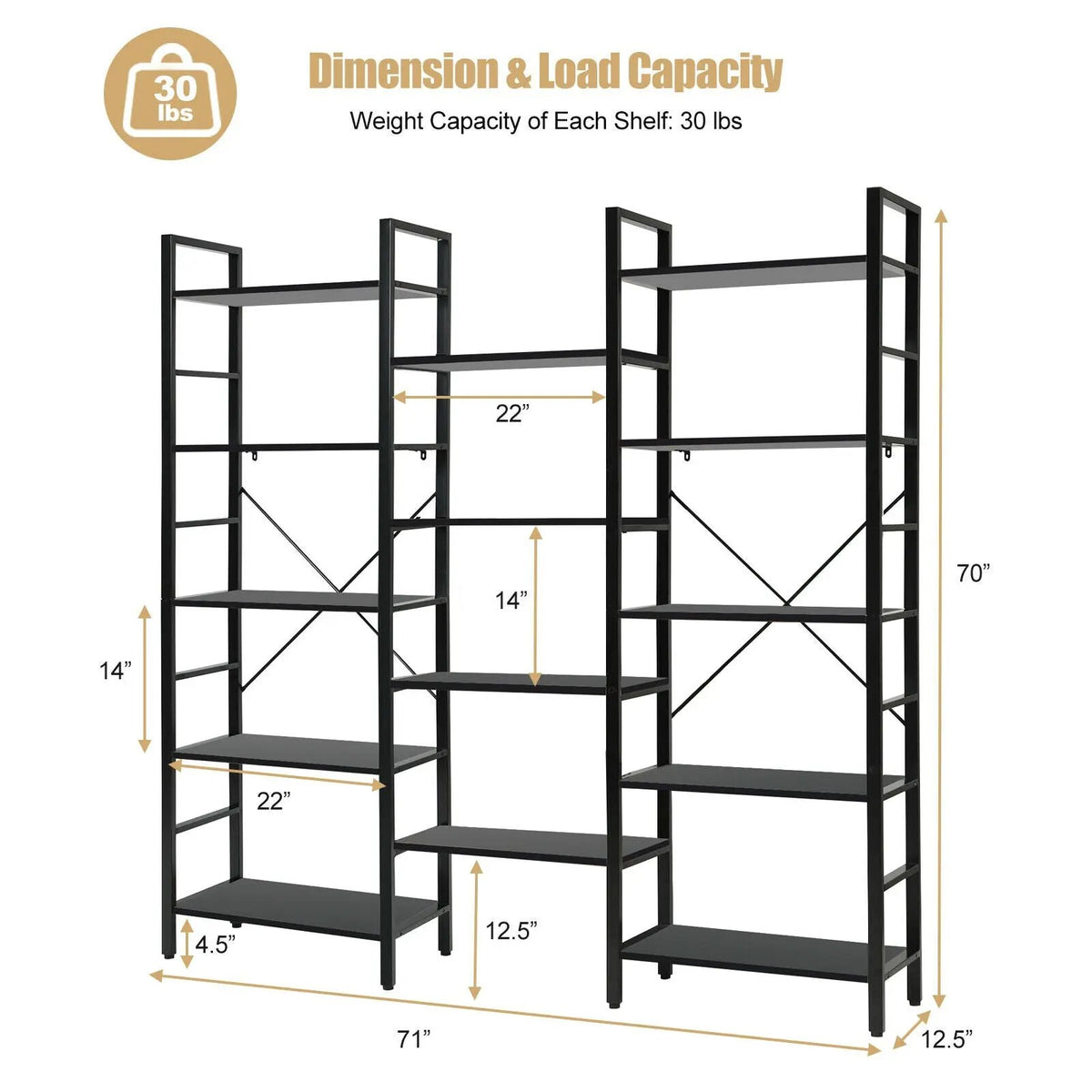 Vintage Triple Wide 5-Tier Bookcase Large Bookshelf Display Storage Shelf by DirectDeals