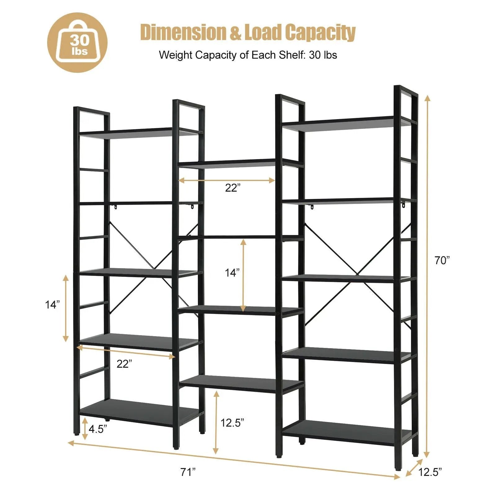 Vintage Triple Wide 5-Tier Bookcase Large Bookshelf Display Storage Shelf by DirectDeals