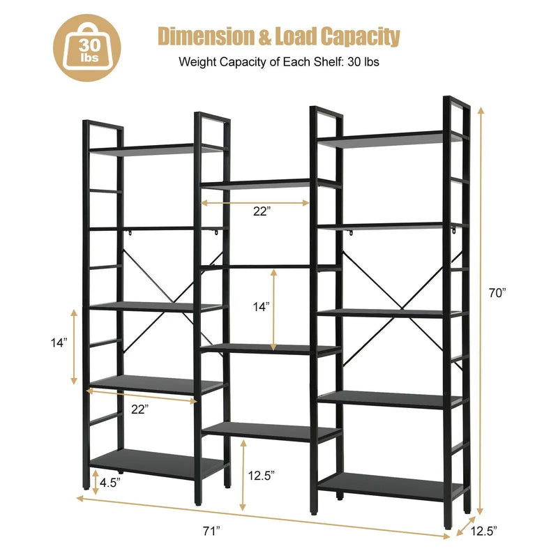 Vintage Triple Wide 5-Tier Bookcase Large Bookshelf Display Storage Shelf by DirectDeals