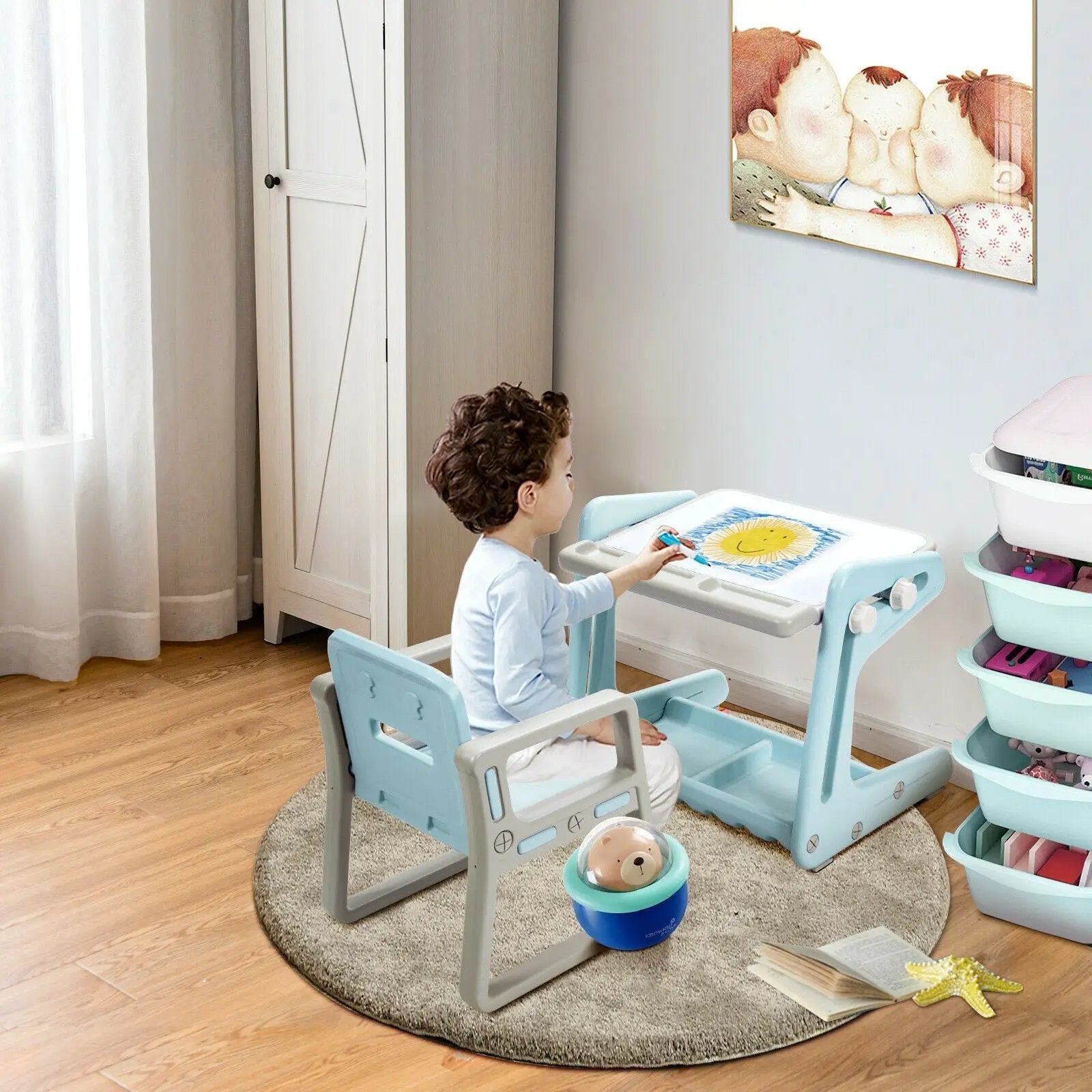 2 in 1 Kids Easel Table and Chair Set with Adjustable Art Painting Board by DirectDeals