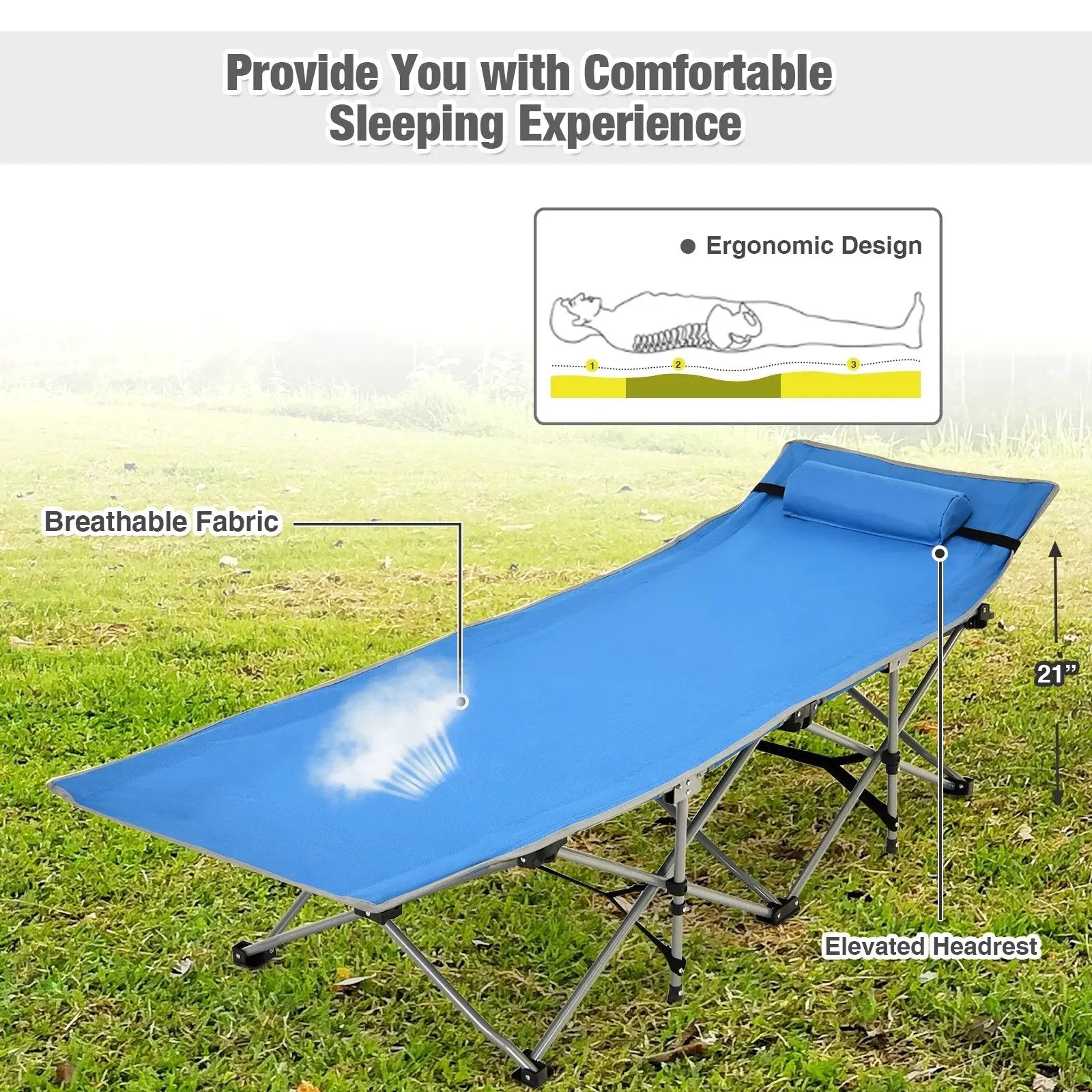Folding Camping Cot with Side Storage Pocket Detachable Headrest by DirectDeals