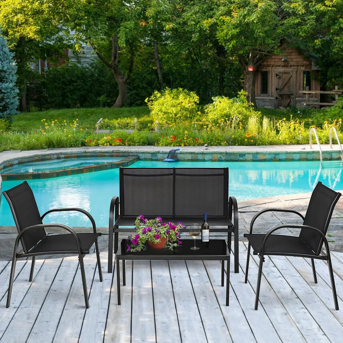 4 Pieces Patio Furniture Set with Glass Top Coffee Table by DirectDeals