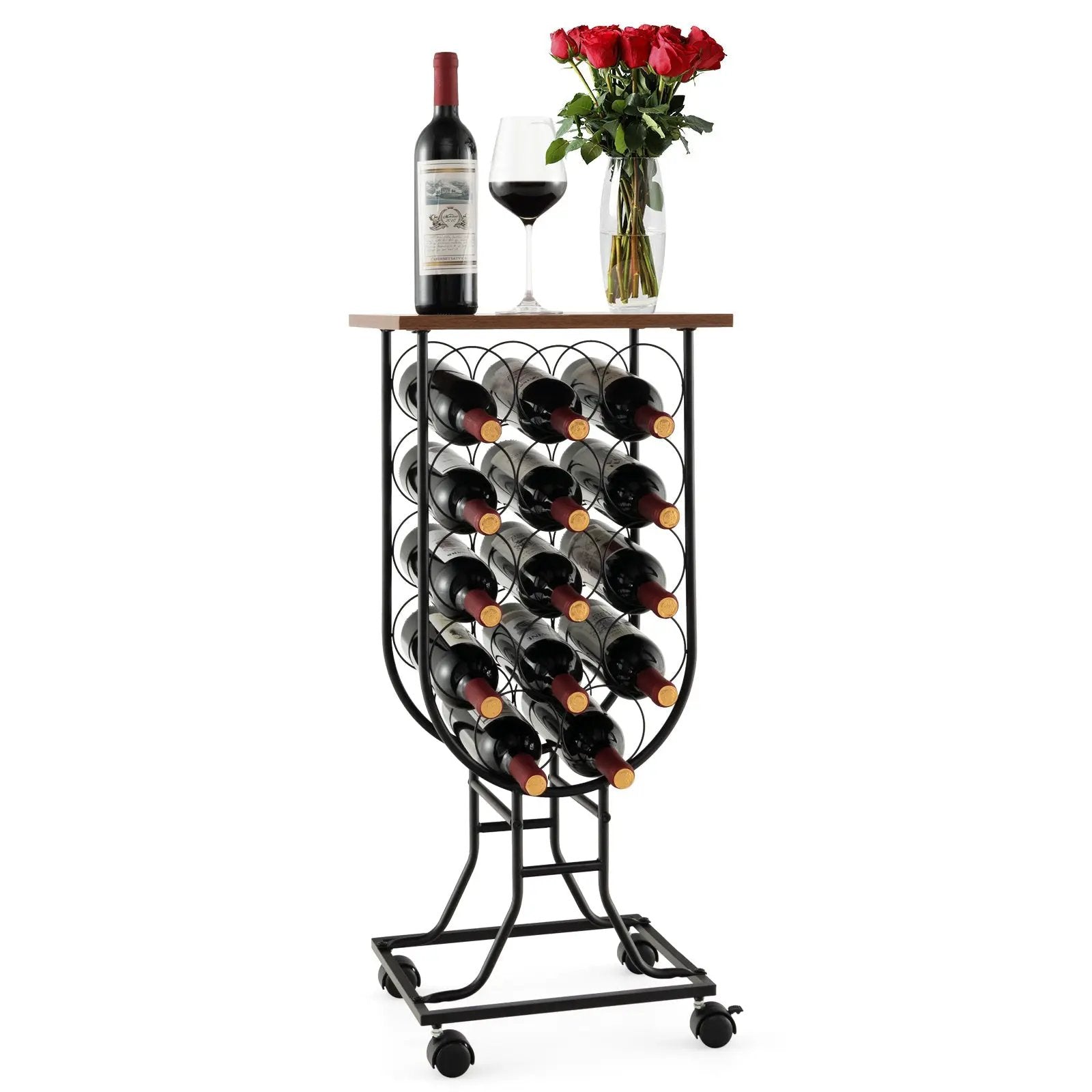 14 Bottles Wine Rack with Detachable and Lockable Wheels-Black by DirectDeals