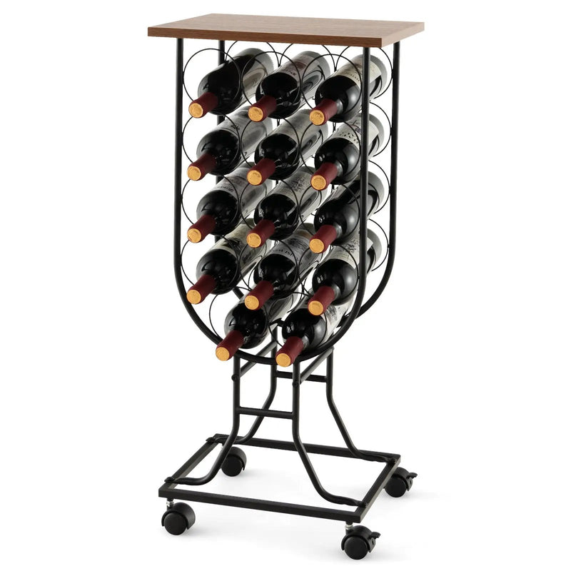 14 Bottles Wine Rack with Detachable and Lockable Wheels-Black by DirectDeals