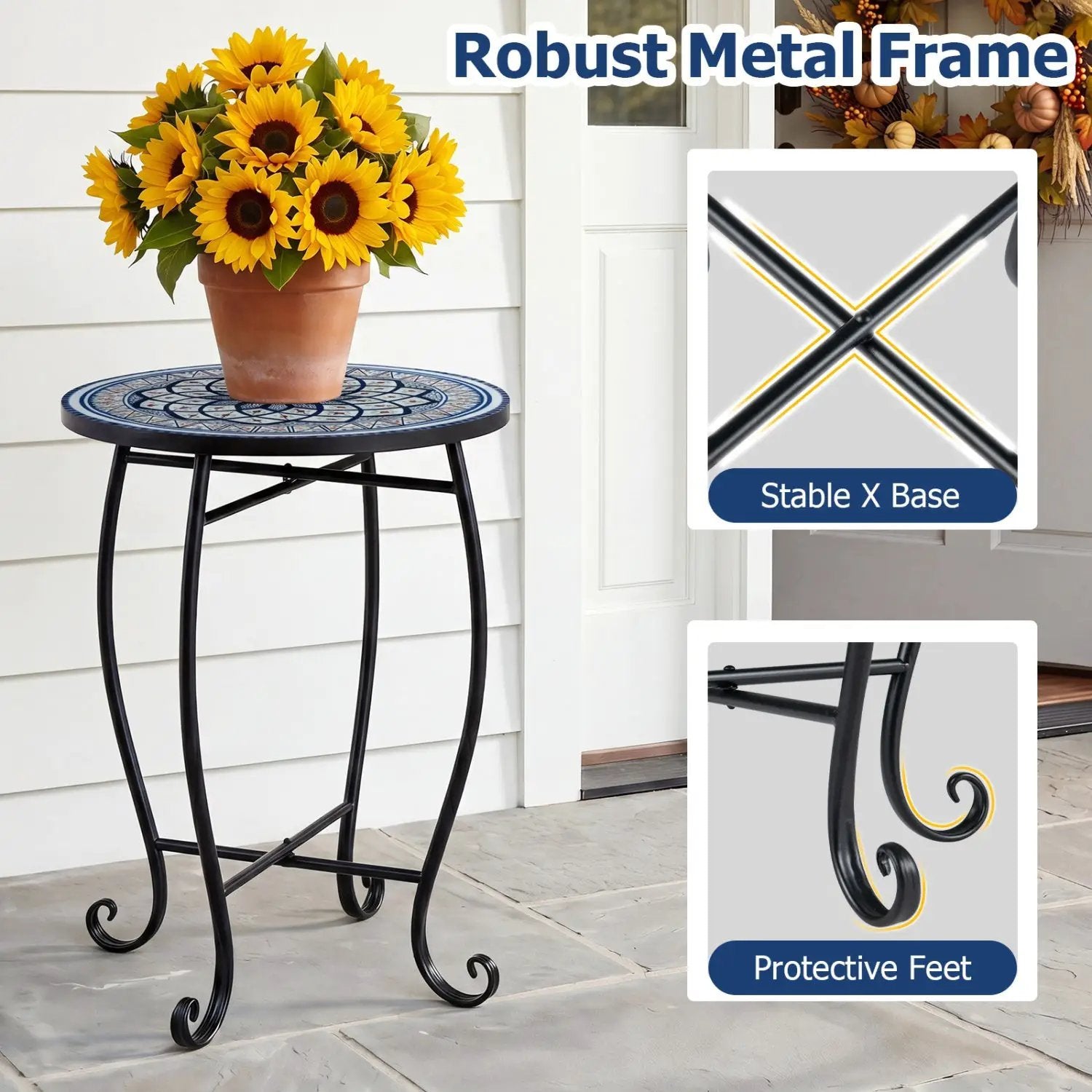 14" Mosaic Patio Accent Table with Metal Frame by DirectDeals