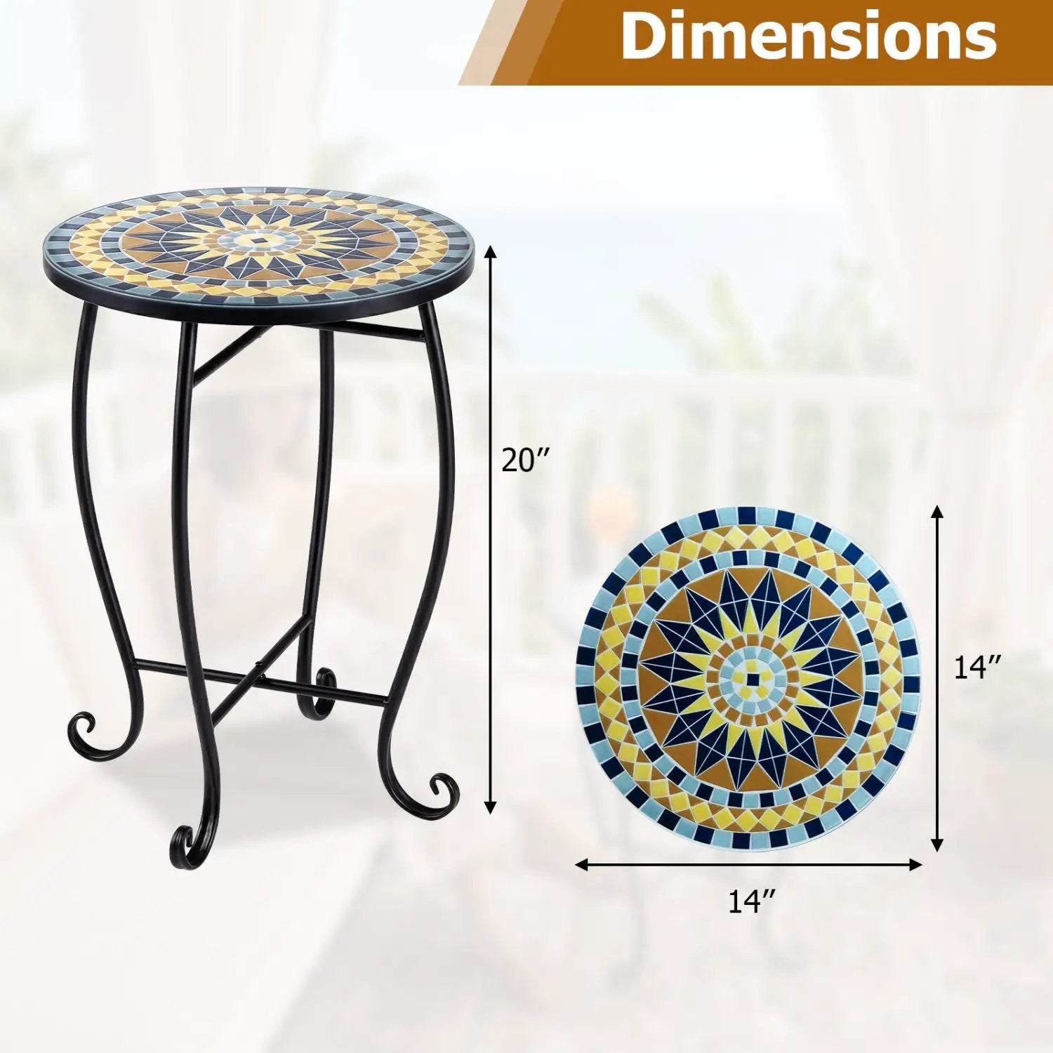 14" Mosaic Patio Accent Table with Metal Frame by DirectDeals