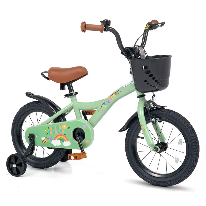 14 Inch Girls Bike with Training Wheels and Basket - Green by DirectDeals