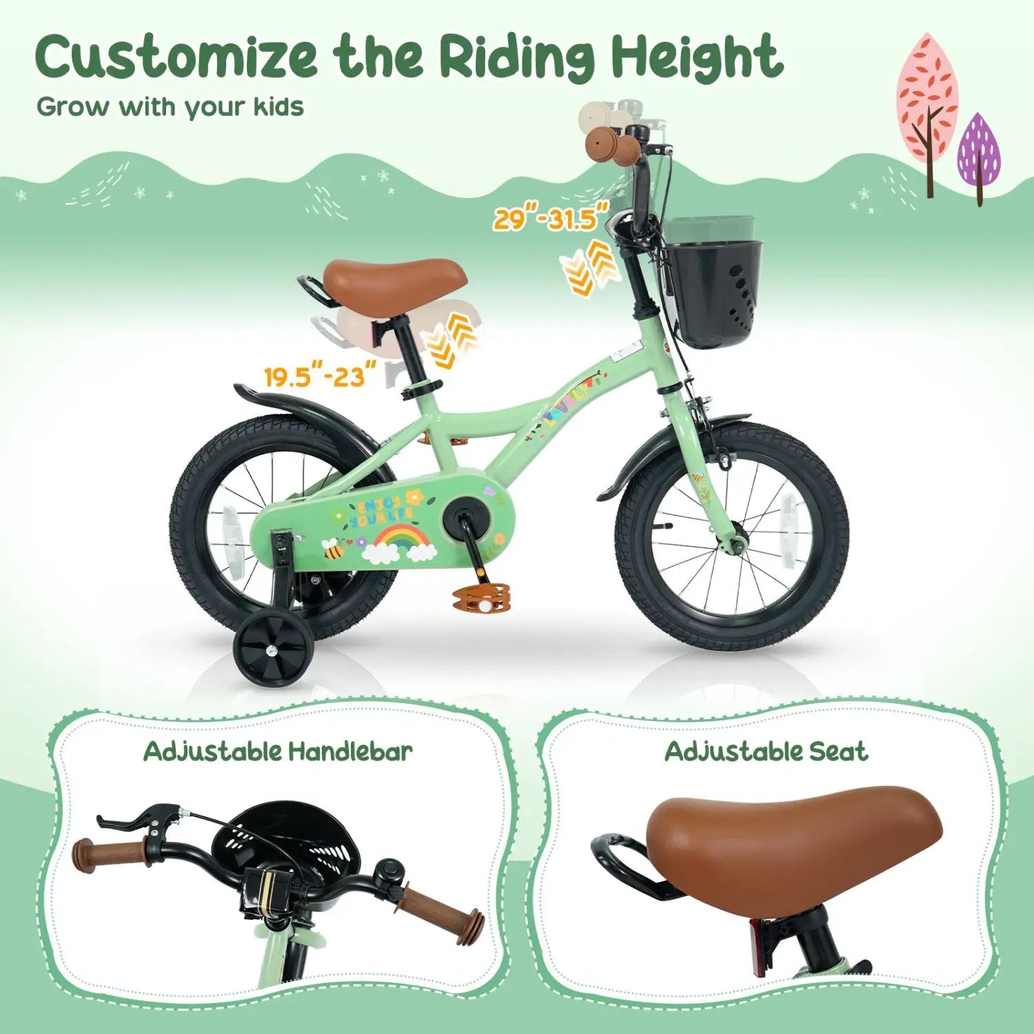 14 Inch Girls Bike with Training Wheels and Basket - Green by DirectDeals
