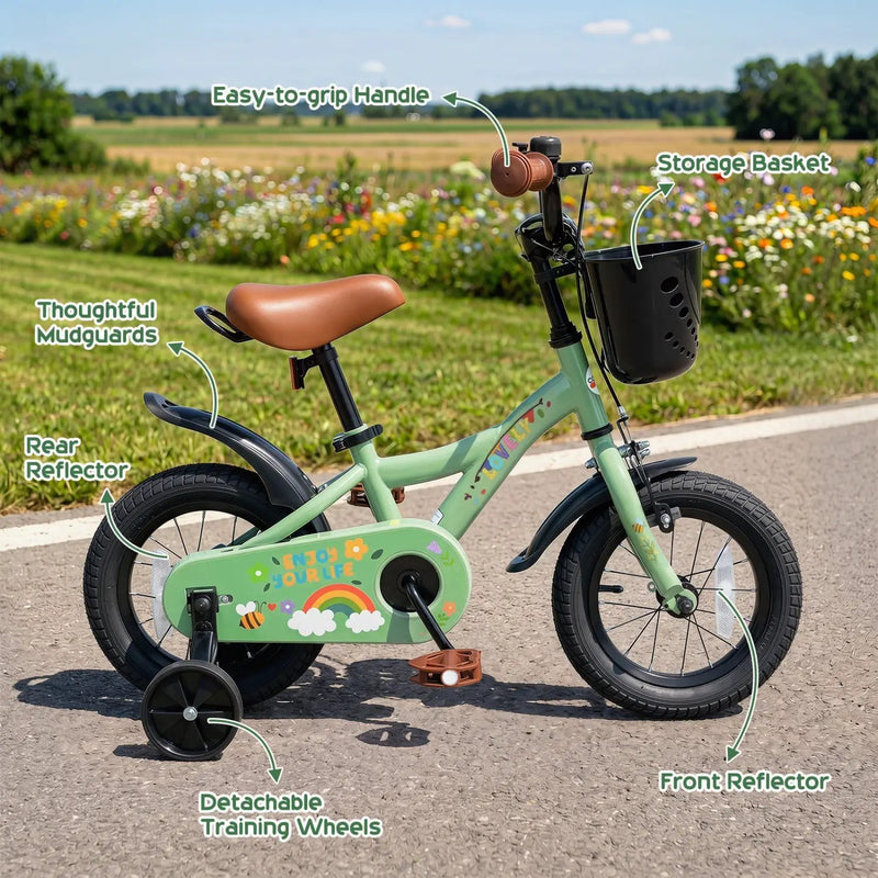 14 Inch Girls Bike with Training Wheels and Basket - Green by DirectDeals
