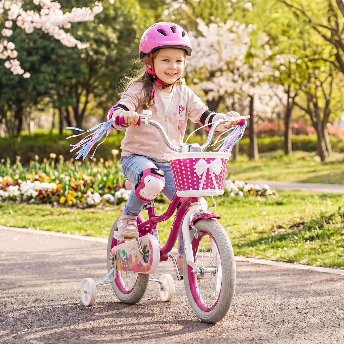 Kids Bike 18-Inch with Training Wheels and Basket Rose Red by DirectDeals