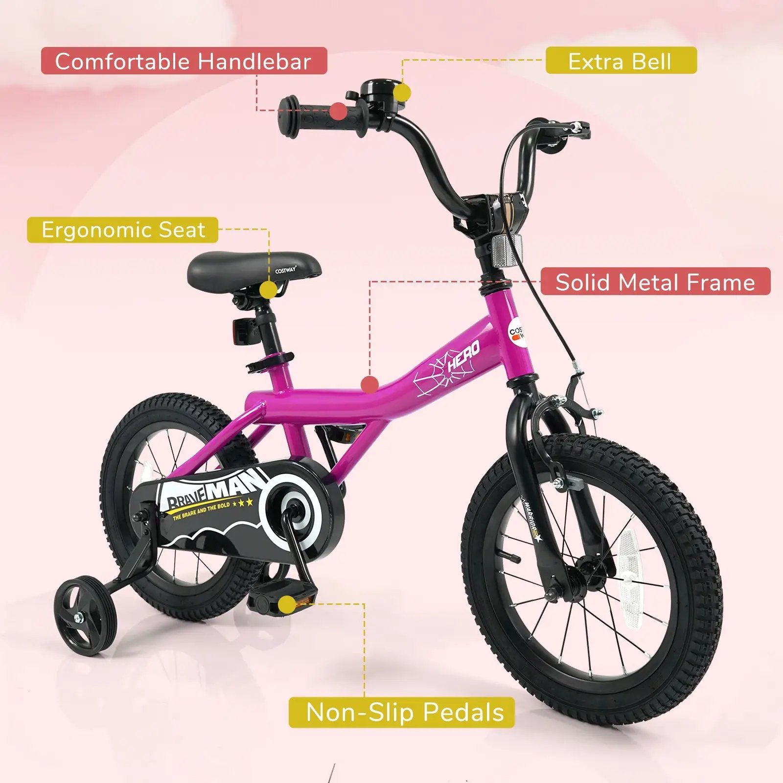 Kids Bike 14-Inch with Removable Training Wheels Pink by DirectDeals